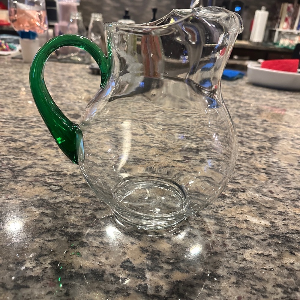 Handmade Glass Margarita Juice Water Pitcher Green Handle